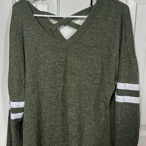 Olive Green V-Neck Sweater with White Stripes